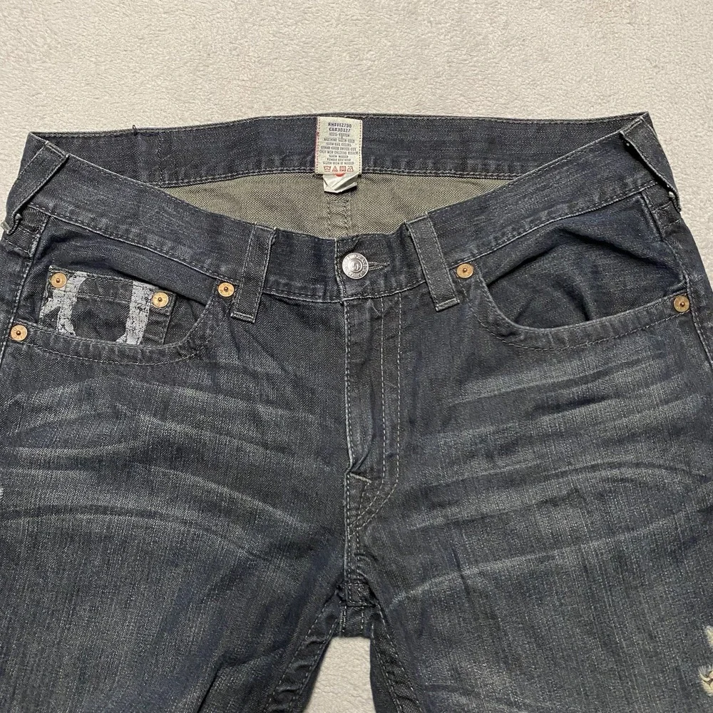True Religion Straight Jeans Mens 36x34 Painted Logo Pockets Distressed